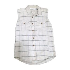 Paris Sport Club Women's Button Down Tank Linen And Cotton Blend Plaid